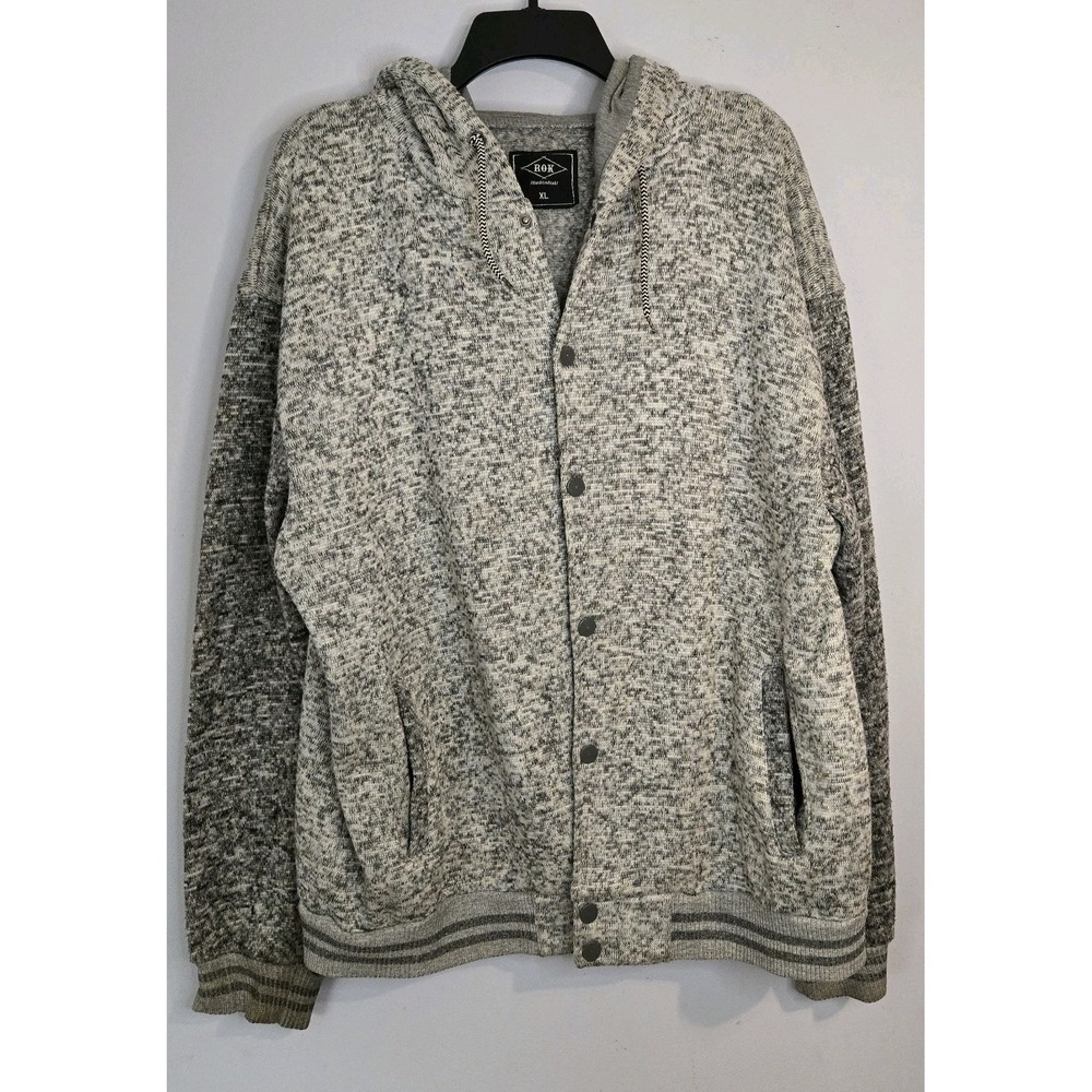 Warm XL ROK Two Tone Gray Heathered Snap Front Hooded Jacket Retro 80s Flexible